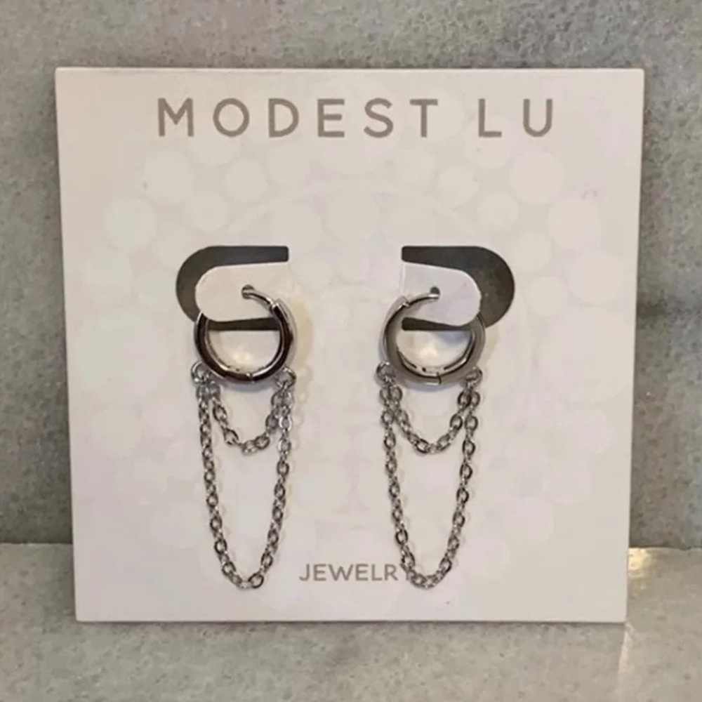 Sterling Silver Layered Chain Huggie Hoop Earrings Brand New - Picture 3 of 5